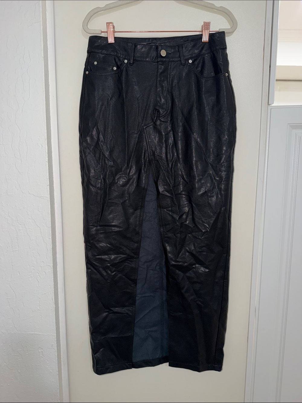 Cherry Mellow Black Faux Leather Women’s High Slit Maxi Skirt | S